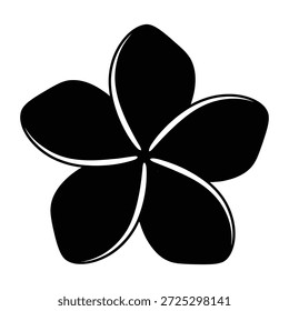 Uma silhueta simples, arrojada, preta de uma flor de cinco pétalas, possivelmente uma plumeria ou frangipani, com um contorno branco limpo.