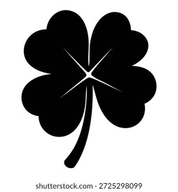 A simple, bold, black silhouette of a four-leaf clover, symbolizing luck and good fortune. The clover has a distinct stem and four heart-shaped leaves radiating from a central point.