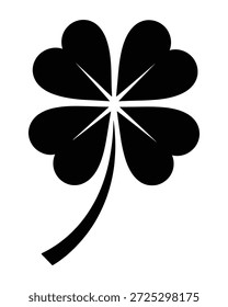 Una silueta negra simple y audaz de un trébol de cuatro hojas, un símbolo de buena suerte y fortuna, sobre un fondo blanco.