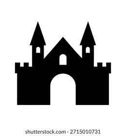 A simple, bold black silhouette graphic representing a classic medieval castle structure featuring crenelated walls, two pointed towers, and a central arched entrance, perfect for fantasy themes.