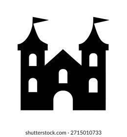 Uma silhueta preta simples e arrojada representando uma estrutura medieval ou de castelo de fantasia com duas torres proeminentes, janelas arqueadas e pequenas bandeiras no topo das torres, perfeito para o design.