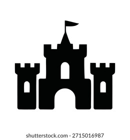 Uma silhueta preta simples e arrojada representando uma estrutura clássica de um castelo de conto de fadas, com uma torre de menagem central e duas torres flanqueadoras com portas arqueadas e ameias.