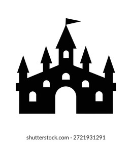 A simple, bold black silhouette graphic representing a fairytale or spooky castle structure, perfect for icons, logos, or Halloween themes, featuring sharp spires and windows.