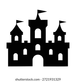 A simple, bold black silhouette graphic representing a classic medieval castle structure, featuring multiple turrets, arched windows, and small flags on top, perfect for fantasy themes.