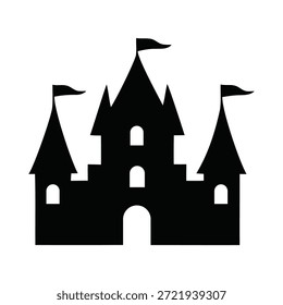 A simple, bold black silhouette graphic representing a classic fairytale castle structure, featuring pointed roofs, small windows, and flags on top of the towers, perfect for fantasy themes.