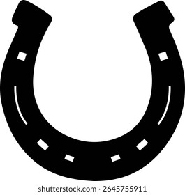 A simple, bold black silhouette of a horseshoe against a clean white background. The horseshoe is depicted with traditional nail holes and a smooth, curved shape, symbolizing luck and equestrianism.