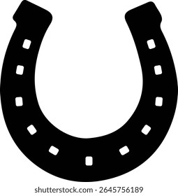 A simple, bold black silhouette of a horseshoe against a clean white background. The horseshoe features evenly spaced square nail holes along its curved surface.