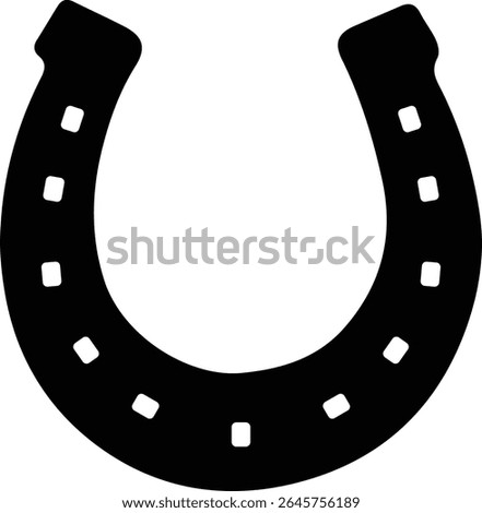 A simple, bold black silhouette of a horseshoe against a clean white background. The horseshoe features evenly spaced square nail holes along its curved surface.