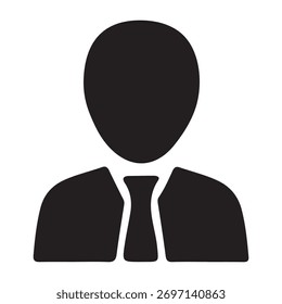Icono de silueta negra simple y audaz de una persona con traje y corbata, que representa a un usuario o perfil.