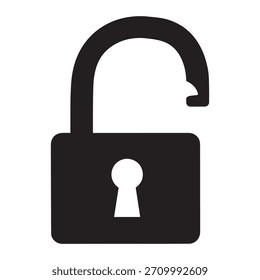 Um ícone simples e negrito de silhueta preta representando um cadeado desbloqueado, sugerindo conceitos como acesso concedido, violação de segurança, liberação de dados ou liberdade de restrição. Ideal para interfaces digitais