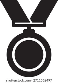 Un icono de silueta negro simple y audaz que representa una medalla circular colgando de una cinta. El diseño es claro y claro, perfecto para representar premios, victorias o logros en cualquier contexto. Isolat