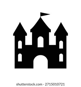 Um ícone de silhueta preto simples e arrojado representando uma estrutura de castelo de conto de fadas com várias torres, entrada arqueada e uma pequena bandeira no topo da torre central, perfeito para temas de fantasia.