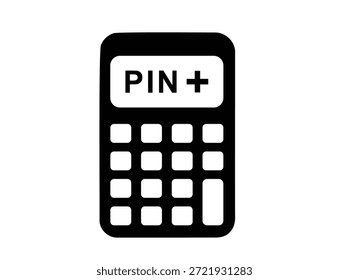 Um ícone de silhueta simples, em negrito e preto que representa um dispositivo de calculadora usado para inserir números de identificação pessoal ou realizar cálculos, perfeito para temas financeiros ou de segurança.
