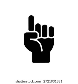 A simple, bold black silhouette icon representing a hand gesture where the index finger is pointing directly upwards, symbolizing number one, attention, or direction, perfect for web design.