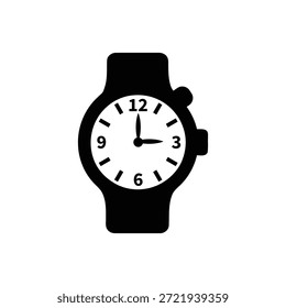 A simple, bold black silhouette icon representing a classic analog wristwatch with a round face, showing the time, perfect for design projects needing a time symbol.