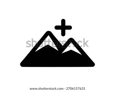 A simple, bold black silhouette icon depicting two mountain peaks with a plus sign centered above them, symbolizing the action of adding or inserting a new picture or landscape element into a digital