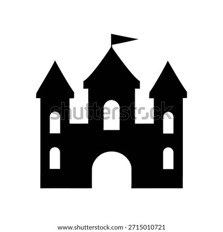 A simple, bold black silhouette icon representing a fairytale castle structure with multiple turrets, arched entryway, and a small flag atop the central keep, perfect for fantasy themes.