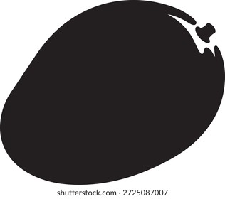 Silhueta preta simples e arrojada de uma fruta de manga, isolada sobre um fundo branco. A imagem destaca o formato icônico da fruta tropical.