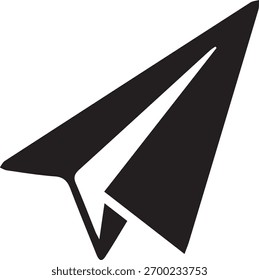 A simple, bold black silhouette of a paper airplane icon against a plain white background.