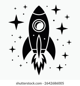 A simple, bold black silhouette of a rocket ship launching into space, surrounded by stars.  Perfect for children's books, space-themed designs, or app icons.