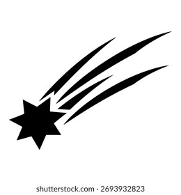 A simple, bold black silhouette of a star streaking across a white background.