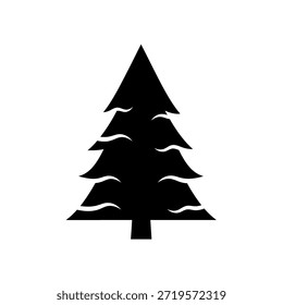Eine schlichte, gewagte schwarze Silhouette aus einem stilisierten Kiefernbaum mit einer dreieckigen Form mit wellenförmigen Ästen, die auf einem sauberen, weißen Hintergrund steht.
