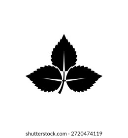 A simple, bold black silhouette of a three-leaf plant, possibly a clover or strawberry leaf, set against a clean white background.