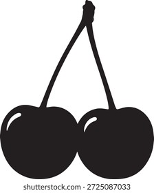Una silueta negra simple y audaz de dos cerezas unidas por un solo tallo sobre un fondo blanco. La Imagen se centra en la forma icónica de la fruta.