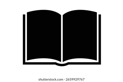 Um gráfico simples, em negrito, preto e branco representando um livro aberto. O design plano e minimalista incorpora conceitos como conhecimento, educação e leitura.