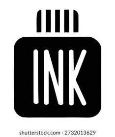 A simple, bold, black and white graphic illustration of an ink bottle with the word "INK" prominently displayed on its side.