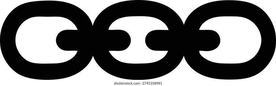 A simple, bold black and white graphic illustration of three interconnected chain links, symbolizing connection or strength.
