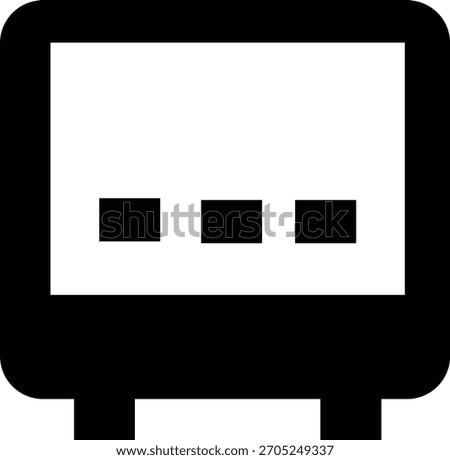 A simple, bold, black and white graphic icon representing a digital display or destination board typically found on public transportation like a bus or train, showing three dots.