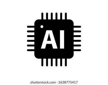 A simple, bold black and white icon depicting AI represented as text within a microchip. Suitable for technology, artificial intelligence, and computing related projects.