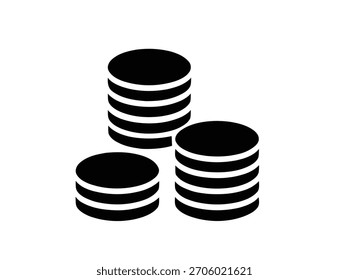 Un gráfico de iconos en blanco y negro simple y audaz que muestra tres pilas distintas de monedas circulares, que simbolizan el dinero, el crecimiento de la inversión, el éxito bancario y la prosperidad económica para los conceptos comerciales.