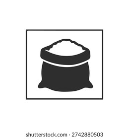 A simple, bold black and white icon showing an open sack full of a granular product like flour, sugar, or grain. Ideal for agriculture and food themes.