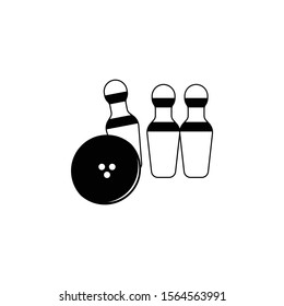 Simple but bold black and white illustration of ten pin bowling skittles and ball.