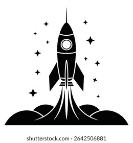 A simple, bold black and white illustration of a rocket launching into space, surrounded by stars.  Perfect for startup, innovation, and technology concepts.