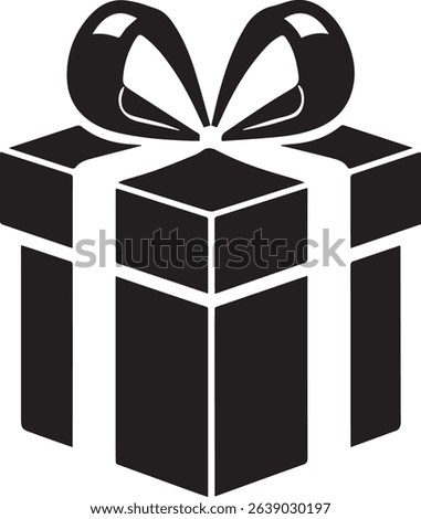 A simple, bold black and white illustration of a gift box with a ribbon. Perfect for representing presents, gifts, surprises, or celebrations. Suitable for various design projects.