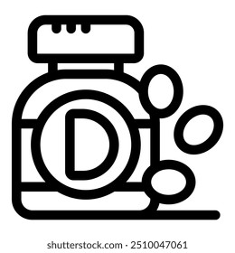 Icono de arte de línea en blanco y negro en negrita simple de una botella de vitamina D que se abre con píldoras que se caen