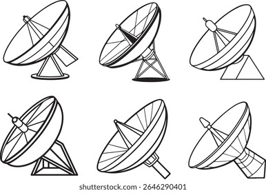 A simple, bold black and white line drawing of a satellite dish, presented in a clean silhouette style.