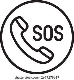 Ein einfaches, fettgedrucktes Schwarz-Weiß-Linien-Symbol, das einen SOS-Anruf mit einem klassischen Telefonhörer innerhalb eines Kreises darstellt.