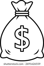 Simple, bold black and white outline illustration of a money bag with a dollar sign, representing wealth, finance, and financial concepts.
