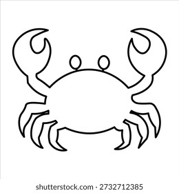 A simple, bold black and white outline illustration of a crab with prominent claws raised and multiple legs spread out.