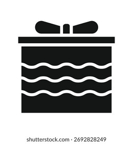 Eine schlichte, kräftige schwarz-weiße Silhouettenikone einer Geschenkbox mit Schleife und Schleife, perfekt für Feiern.