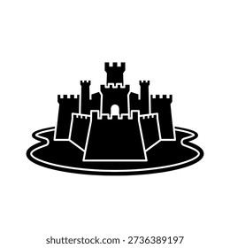 A simple, bold black and white silhouette of a fortified medieval castle with multiple towers, surrounded by a moat or water.