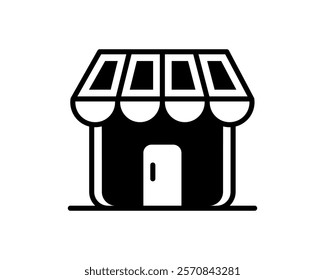 Simple, bold black and white storefront icon. Ideal for website design, app interfaces, or presentations needing a clean, modern shop symbol. Represents retail, e-commerce, or business concepts.