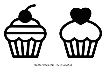 Eine einfache, fette schwarz-weiße Vektorgrafik mit zwei verschiedenen Cupcake-Symbolen nebeneinander, perfekt für Design-Projekte im Bereich Bäckerei oder Dessert.