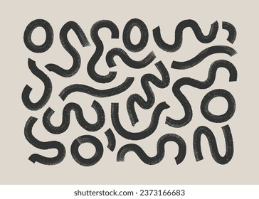 Simple bold curly lines, red waves, squiggles set. Black vector illustration with textored strokes banner, wall art, card template.