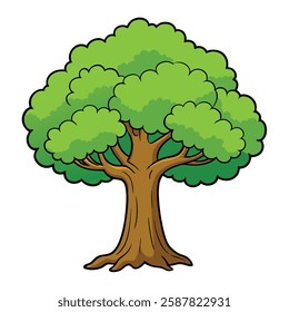 A simple and bold depiction of an oak tree with a full, bushy crown of green leaves and a solid brown trunk, evoking a sense of strength and nature