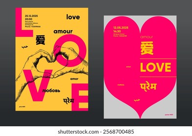 Simple and bold design featuring hand-drawn heart gesture with vibrant yellow and pink "LOVE" text and multilingual word art. Eye-catching style. 14 february